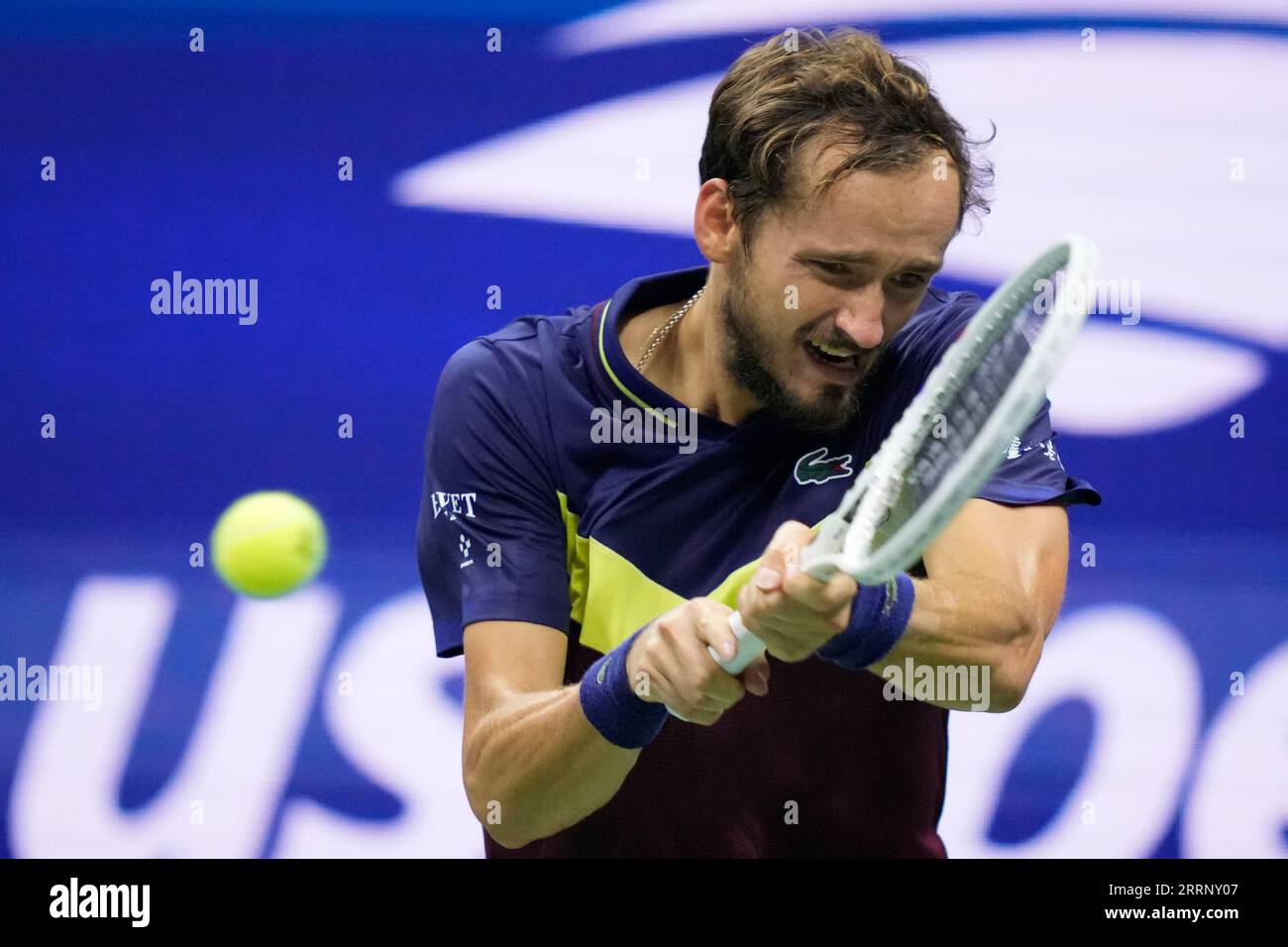 Daniil Medvedev, of Russia, returns a shot to Carlos Alcaraz, of Spain, during the mens singles semifinals of the U.S. Open tennis championships, Friday, Sept