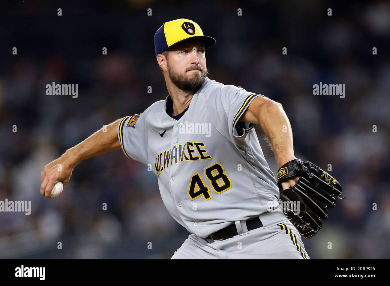 Milwaukee Brewers pitcher Colin Rea throws against the New York Yankees