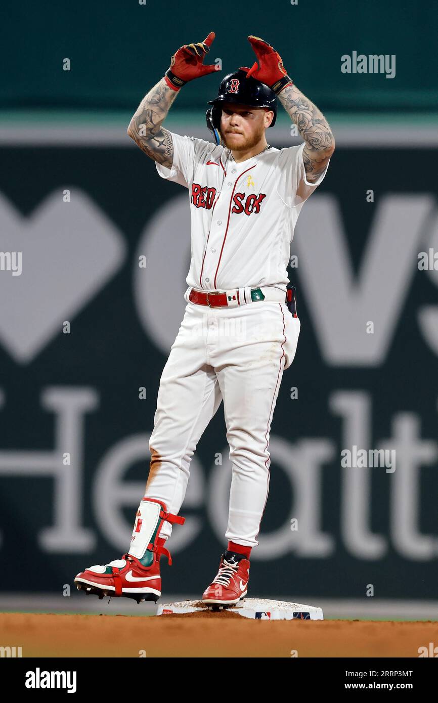 Boston Red Sox's Alex Verdugo celebrates his double during the