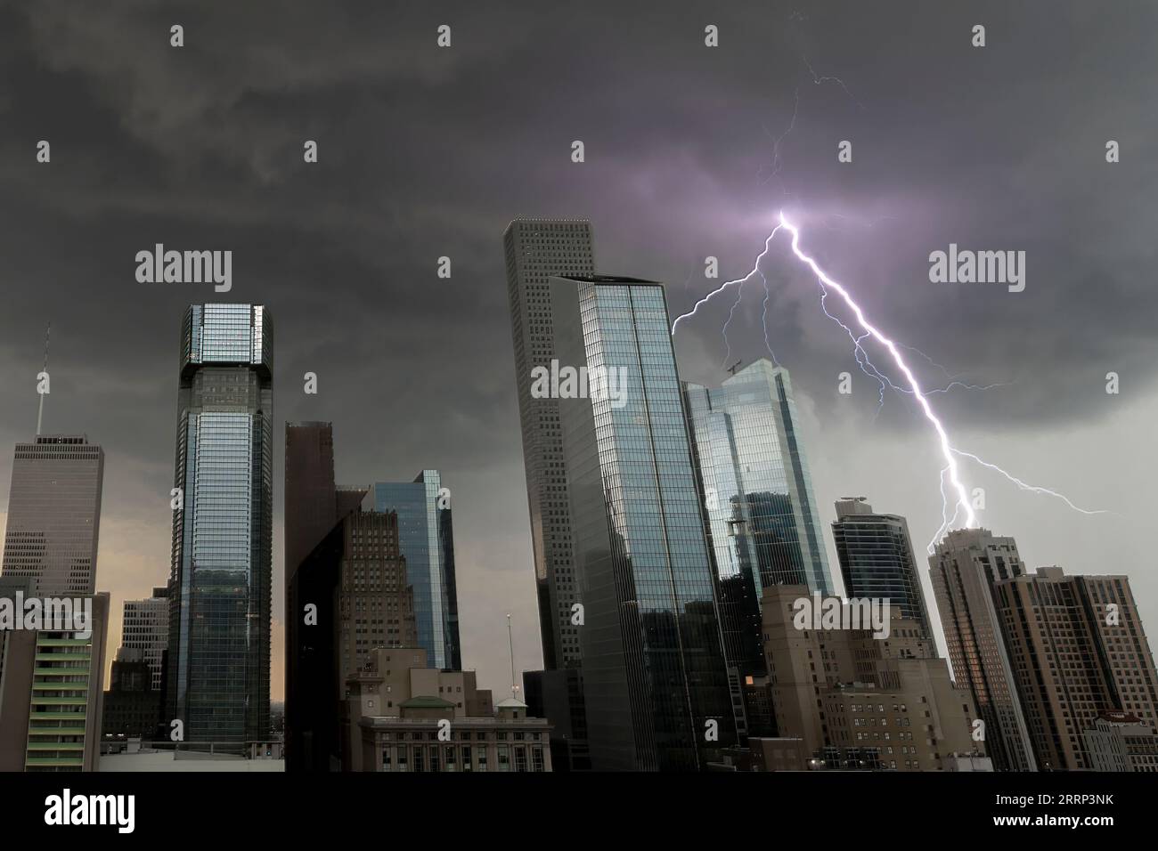 A lightning bolt out of the clouds over the downtown Houston