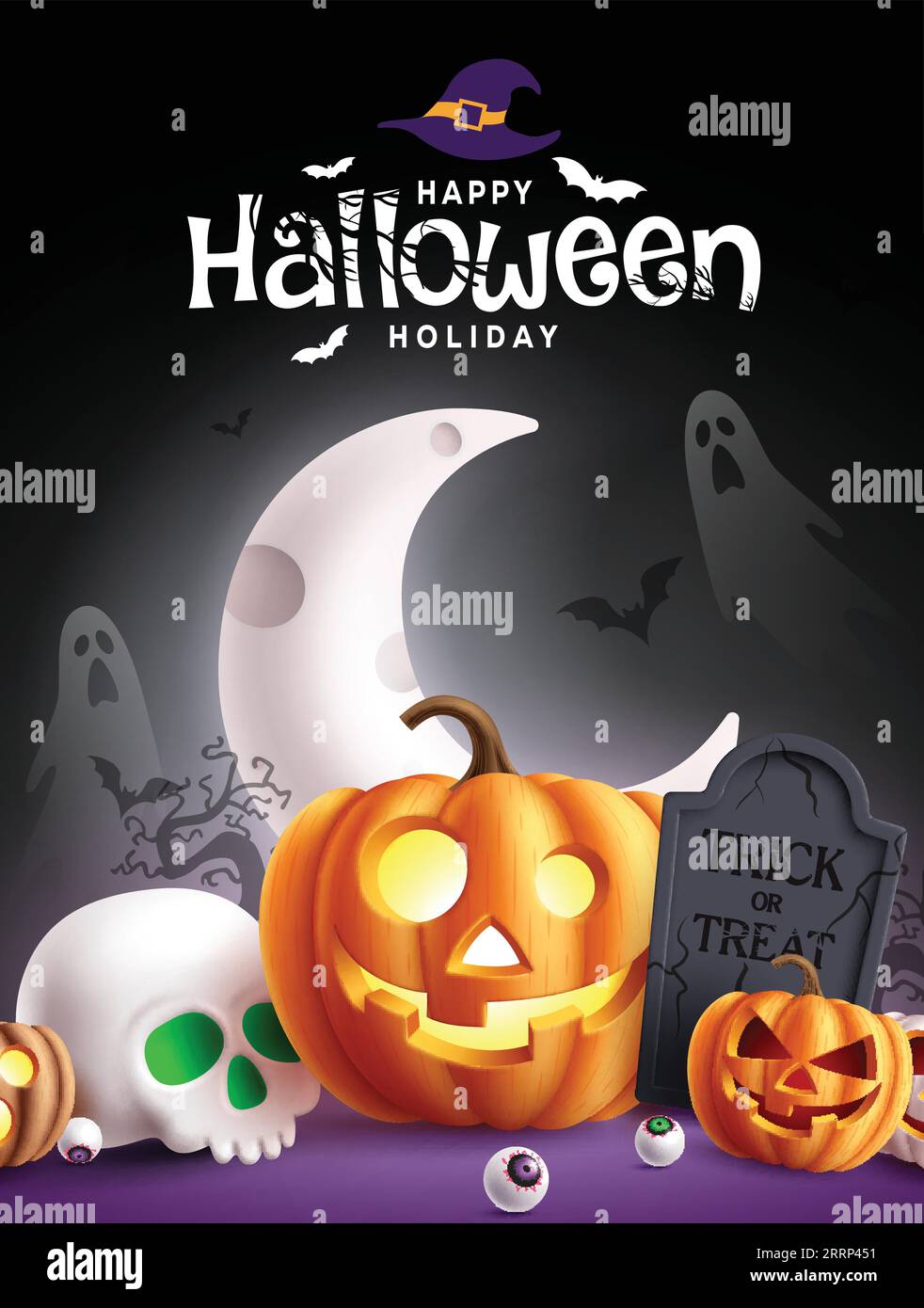 Happy halloween text vector design. Halloween invitation card with pumpkin, skull, graveyard, ghost and half moon decoration elements for holiday Stock Vector