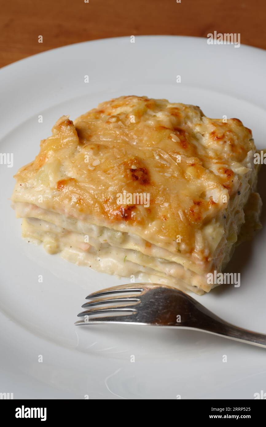 White Fish or Seafood Lasagna, Lasagne Bianche di Pesce or ai Frutti di Mare Stock Photo