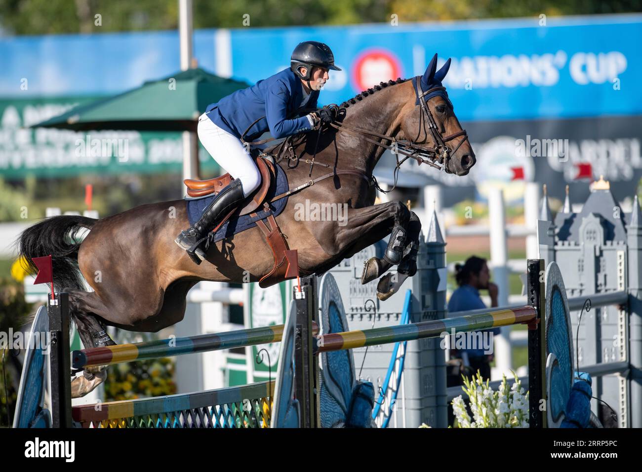 Calgary, Alberta, Canada, 8 September 2023. Martin Fuchs  (SUI) riding Commissar Pezi, The Masters, Spruce Meadows -  Credit: Peter Llewellyn/Alamy Live News Stock Photo