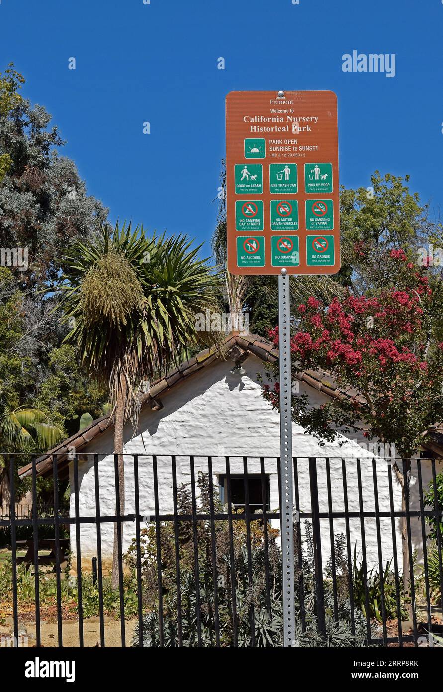 Vallejo Adobe and rules sign in the California Nursery Historical Park