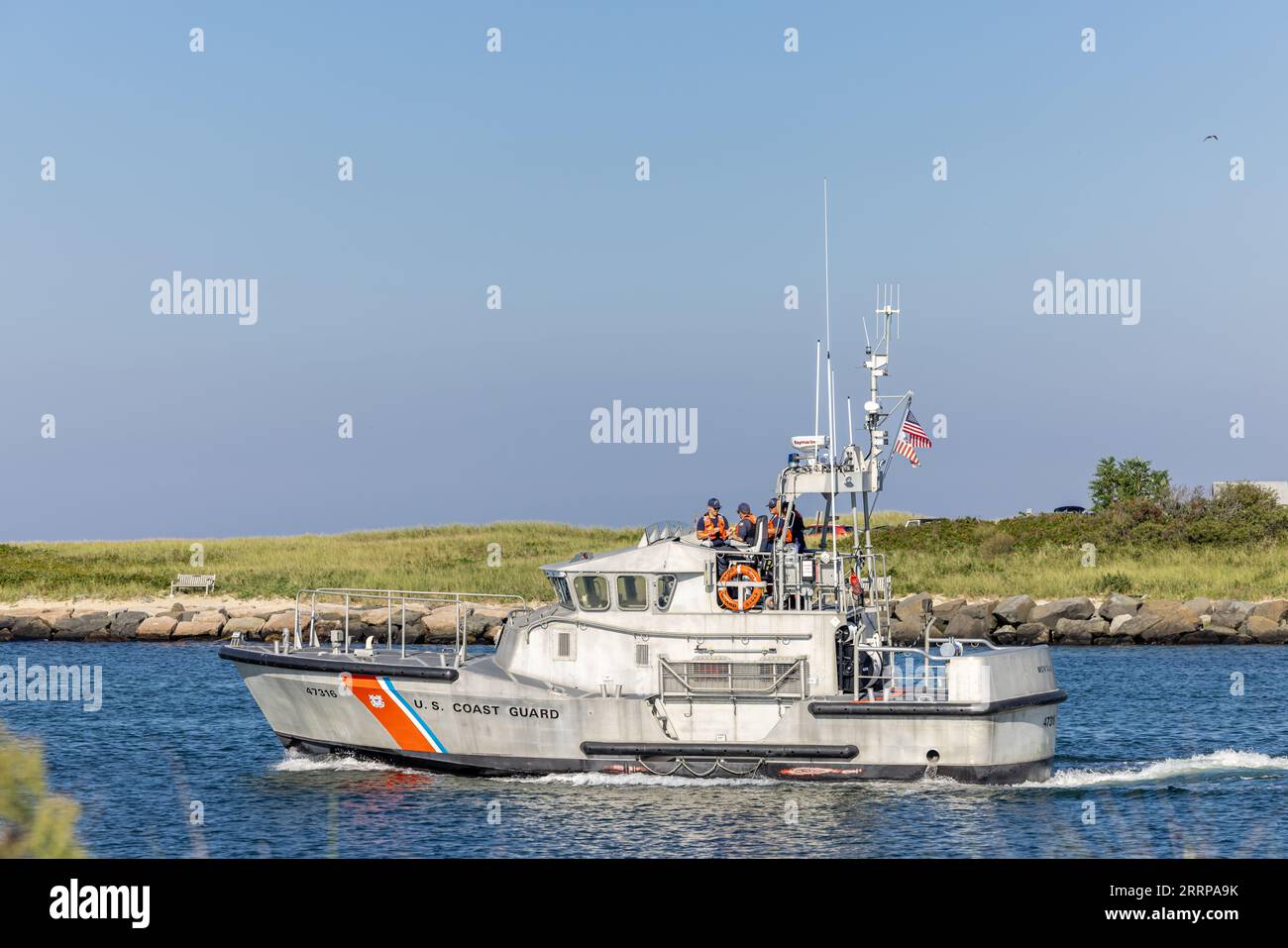 US Coast Guard cutter, #47136 heading out from Montauk Coast Guard Station Stock Photo