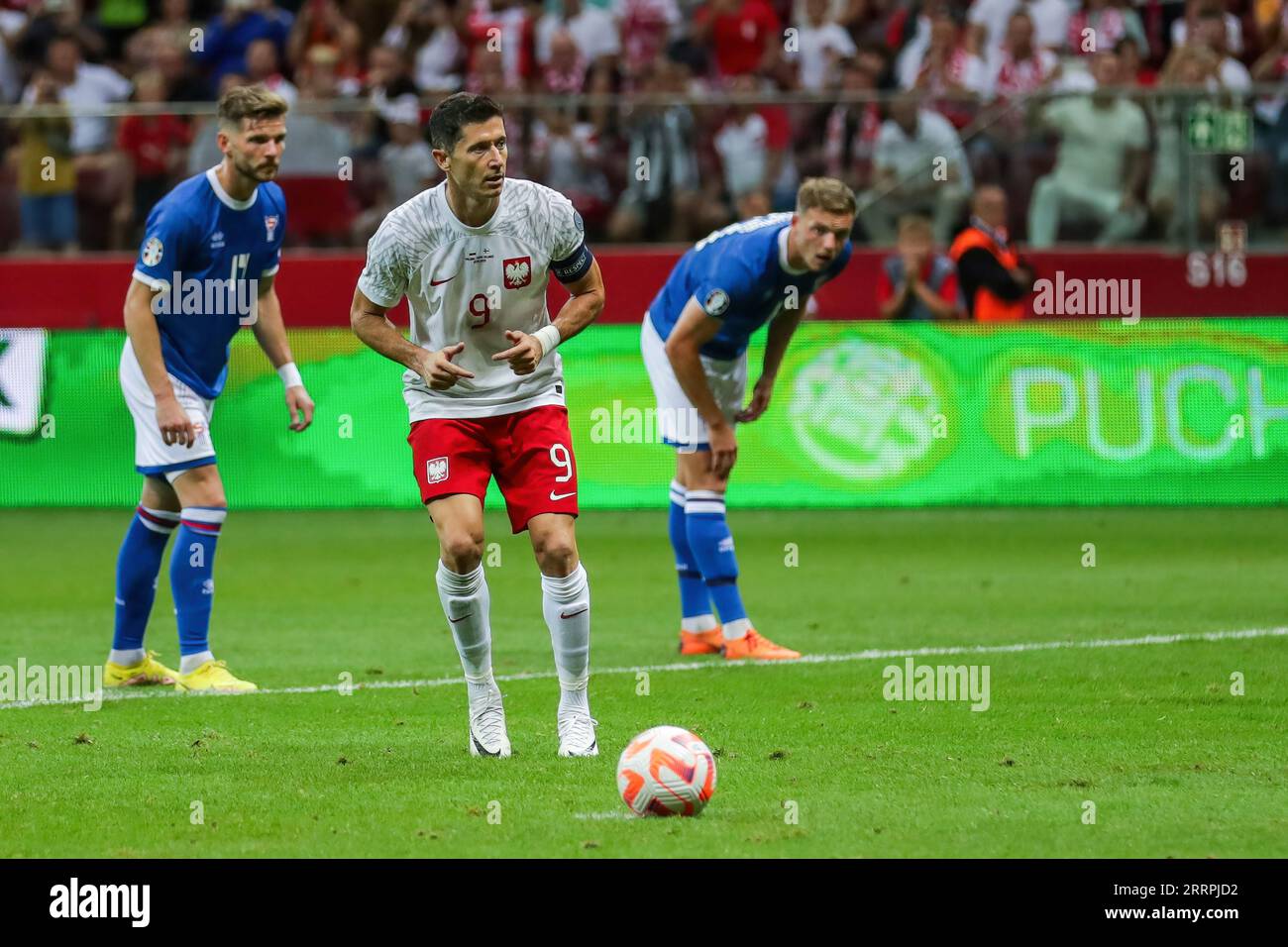 Warsaw, Poland. 07th Sep, 2023. Robert Lewandowski gives the match t-shirt  and hugs the boy after the UEFA EURO 2024 qualifying match between Poland  and Faroe Islands at PGE Narodowy Stadium. Final