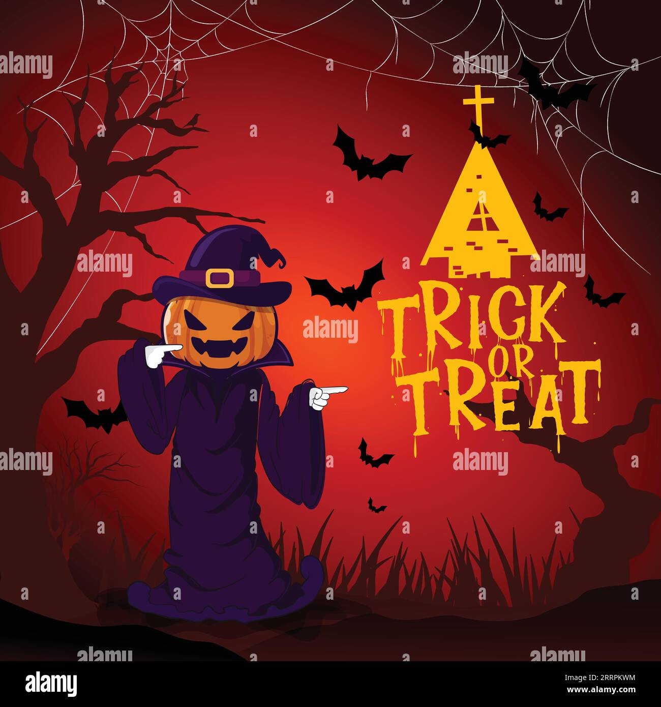 Halloween background with pumpkin, spider web and bats. Vector ...