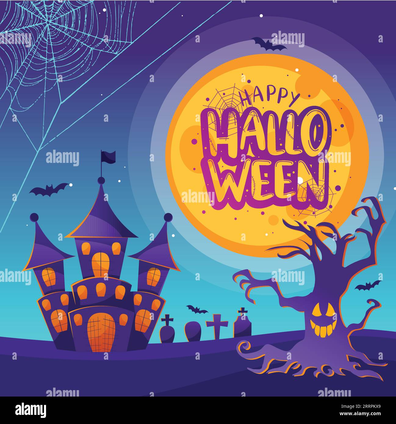 Halloween background with pumpkin, spider web and bats. Vector ...