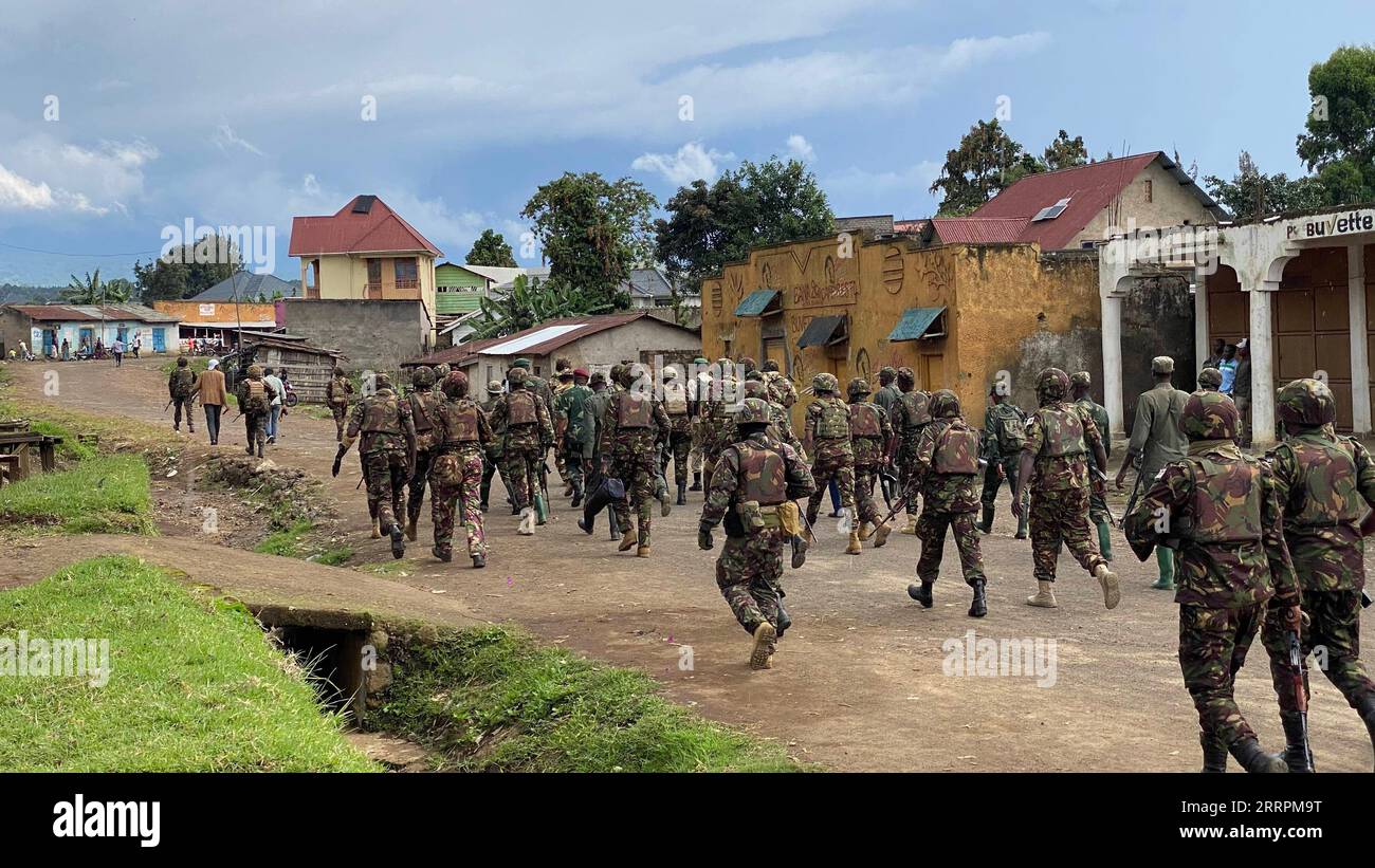 230331 -- BUNAGANA DR CONGO, March 31, 2023 -- Ugandan soliders are seen in Bunagana, a city in the eastern Democratic Republic of the Congo, on March 30, 2023. Bunagana had been occupied by the March 23 Movement M23 rebel group since June, but it will reopen gradually following the deployment of Ugandan army, said Jeff Nyagah, the East African Community EAC regional force commander, Thursday.  DR CONGO-BUNAGANA-REOPENING AlainxUaykani PUBLICATIONxNOTxINxCHN Stock Photo