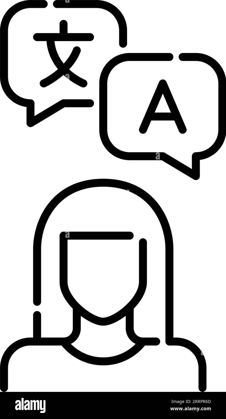 Girl with long hair and language translation chat messages. Pixel