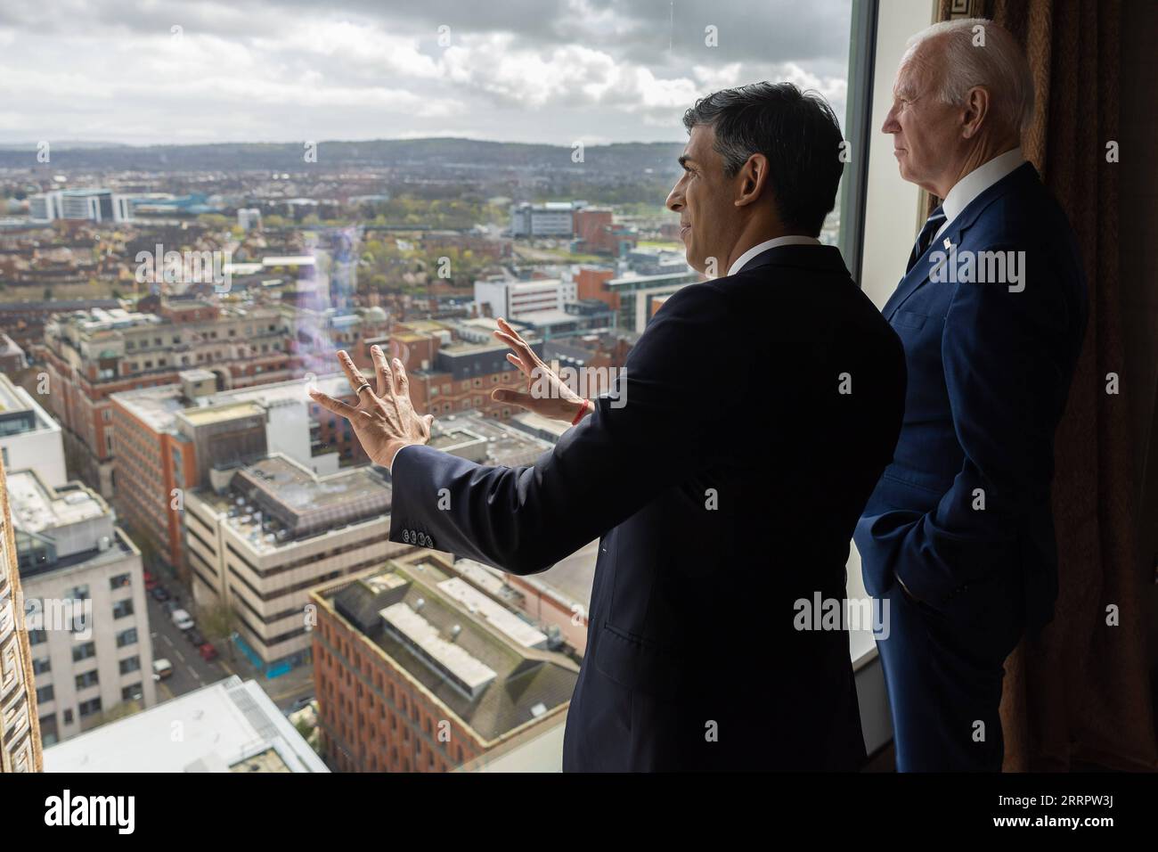 230412 -- BELFAST, April 12, 2023 -- British Prime Minister Rishi Sunak L meets with U.S. President Joe Biden in Belfast, Northern Ireland, the United Kingdom, on April 12, 2023. During his visit to Belfast on Wednesday, U.S. President Joe Biden called for the restoration of the power-sharing government in Northern Ireland. However, analysts do not expect his plea to lead to significant change. /Handout via Xinhua UK-NORTHERN IRELAND-BELFAST-U.S.-PRESIDENT-VISIT SimonxWalker/Nox10xDowningxStreet PUBLICATIONxNOTxINxCHN Stock Photo