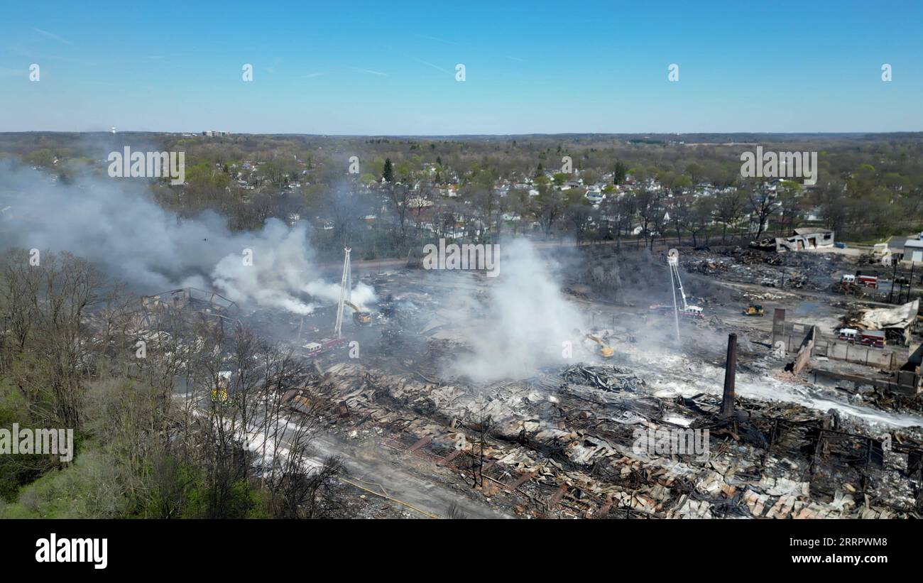 230414 -- RICHMOND, April 14, 2023 -- This aerial photo taken on April 13, 2023 shows an industrial site after fire in Richmond, Indiana, the United States. More than 2,000 people have been ordered to evacuate their home after a fire broke out Tuesday at an industrial site in Richmond, a city about 70 miles east of Indianapolis, U.S. Midwestern state of Indiana. Photo by /Xinhua U.S.-RICHMOND-PLASTICS FACILITY-FIRE ShixLei PUBLICATIONxNOTxINxCHN Stock Photo