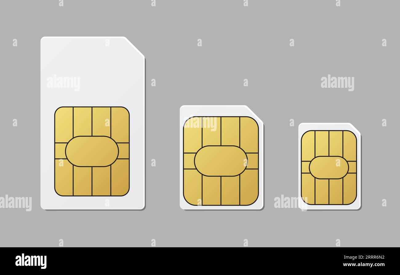 Sim card size in standard, micro and nano mobile phone technology network connection Stock Vector