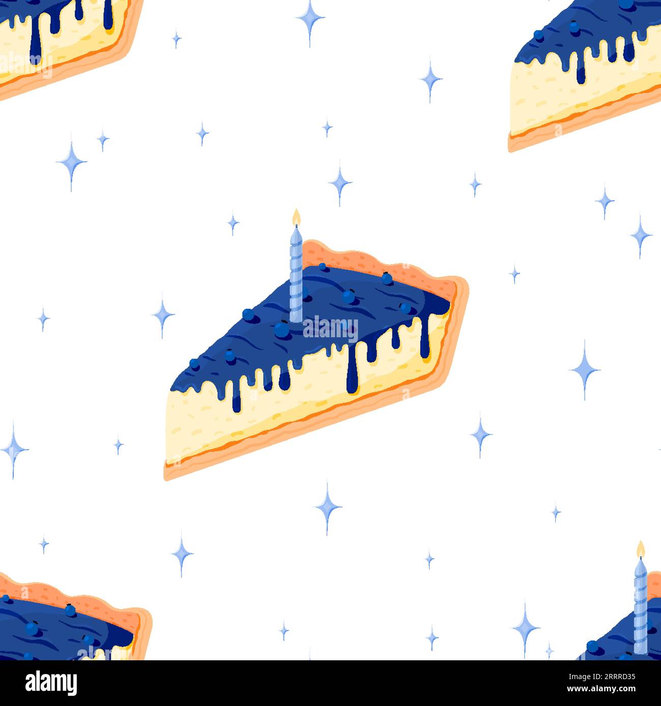 Birthday piece cake candle seamless pattern blue flat. Festive burn candle pie blueberry cheesecake star background make a wish cute magical sparkle packaging wrapping design sweet dessert element Stock Vector