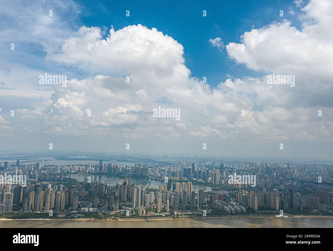 An aerial shot of cumulonimbus clouds floating over Wuhan, China. Stock Photo
