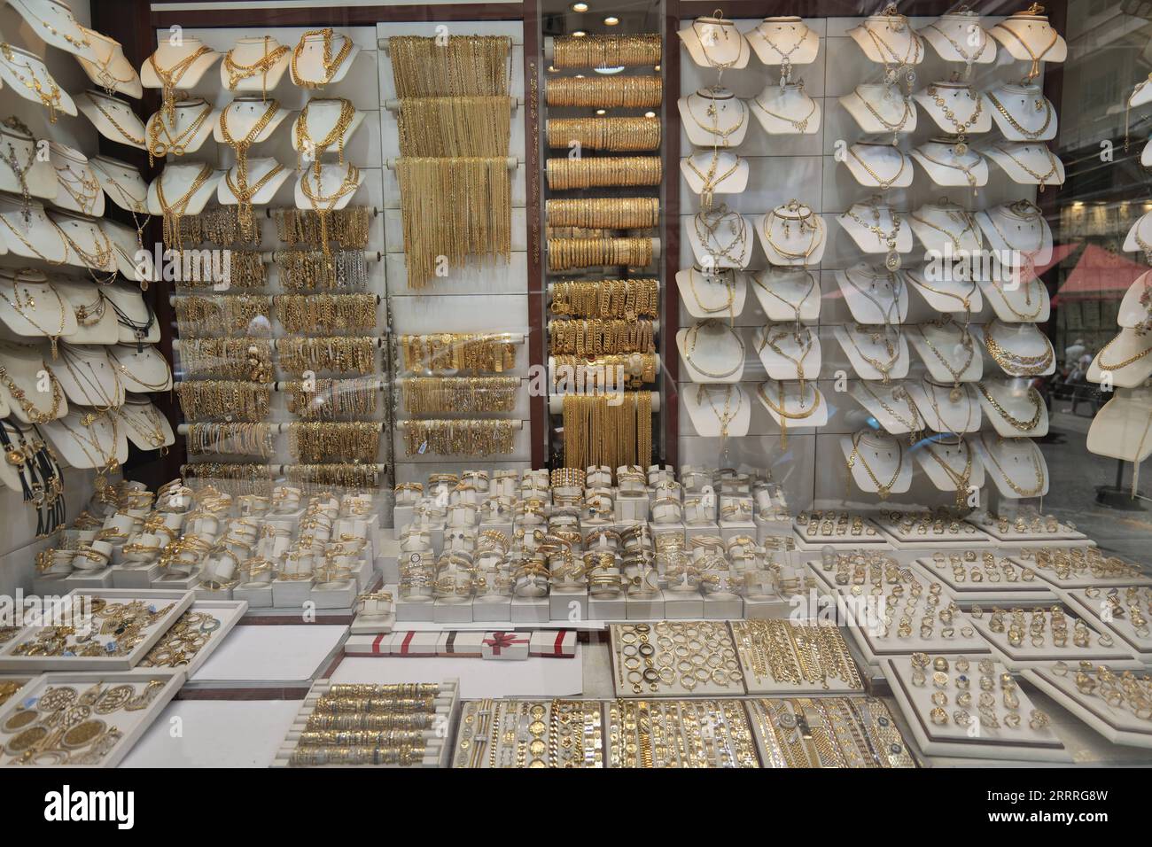 230527 -- BEIRUT, May 27, 2023 -- Pieces of gold jewelry are displayed at a  shop in Beirut, Lebanon, on May 27, 2023. TO GO WITH Lebanese race to gold  amid local,