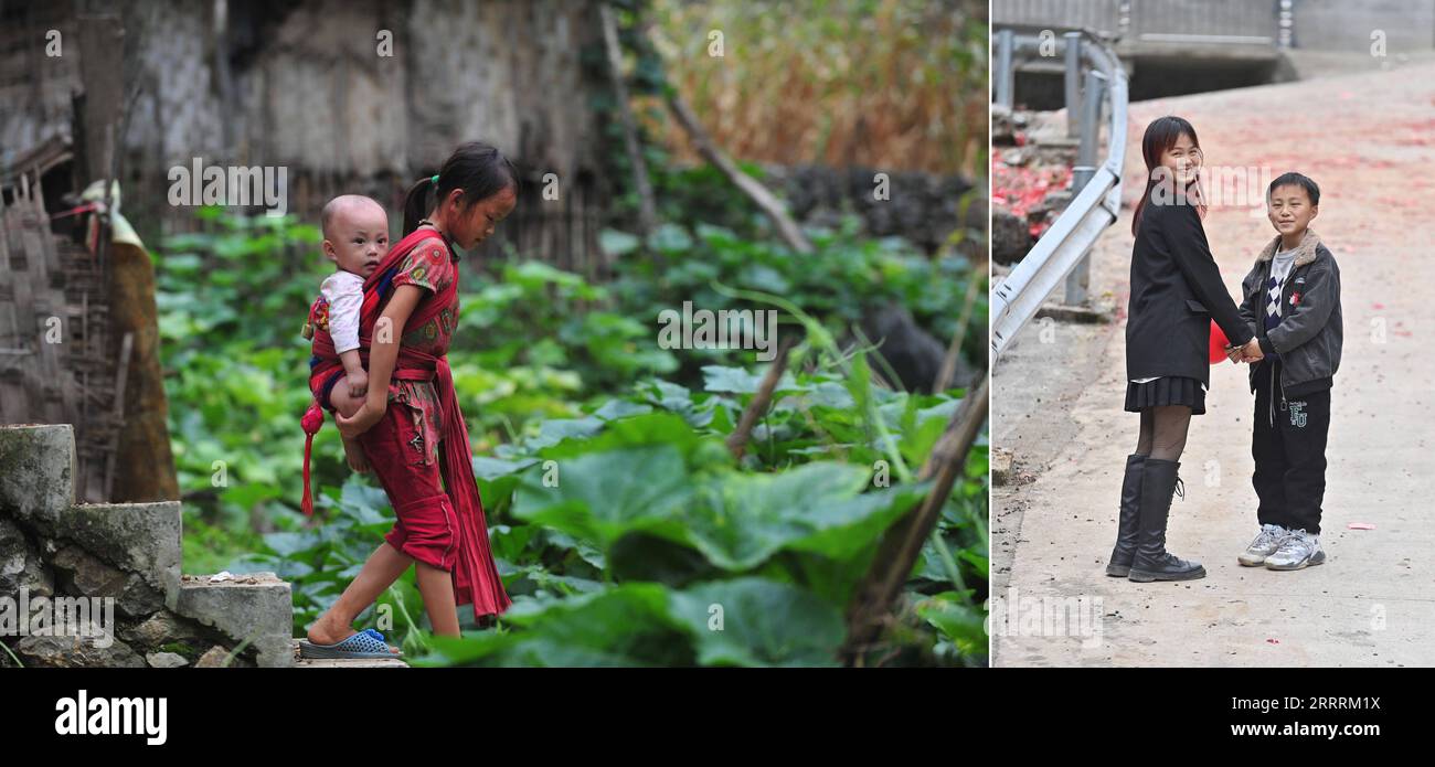 230603 -- NANNING, June 3, 2023 -- This combo photo shows 10-year-old Meng  Rouyu walking with her little brother Meng Xuanpeng on her back on July 16,  2012 L and Meng Rouyu,
