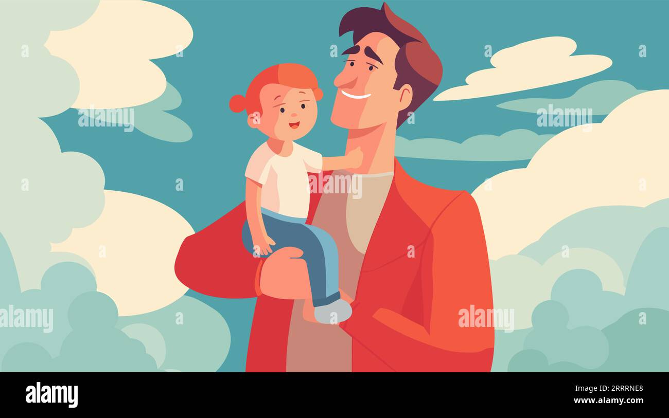 Father's day flat design, Dad holding baby illustration isolated from background, blue sky with clouds Stock Vector