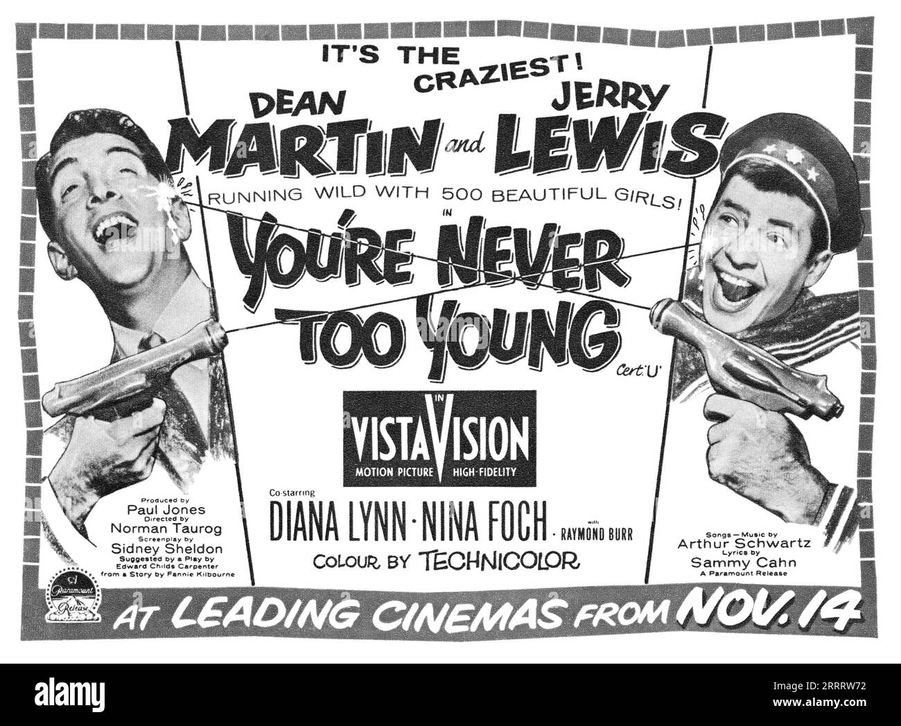 1955 British advertisement for the movie You're Never Too Young, starring Dean Martin and Jerry Lewis. Stock Photo