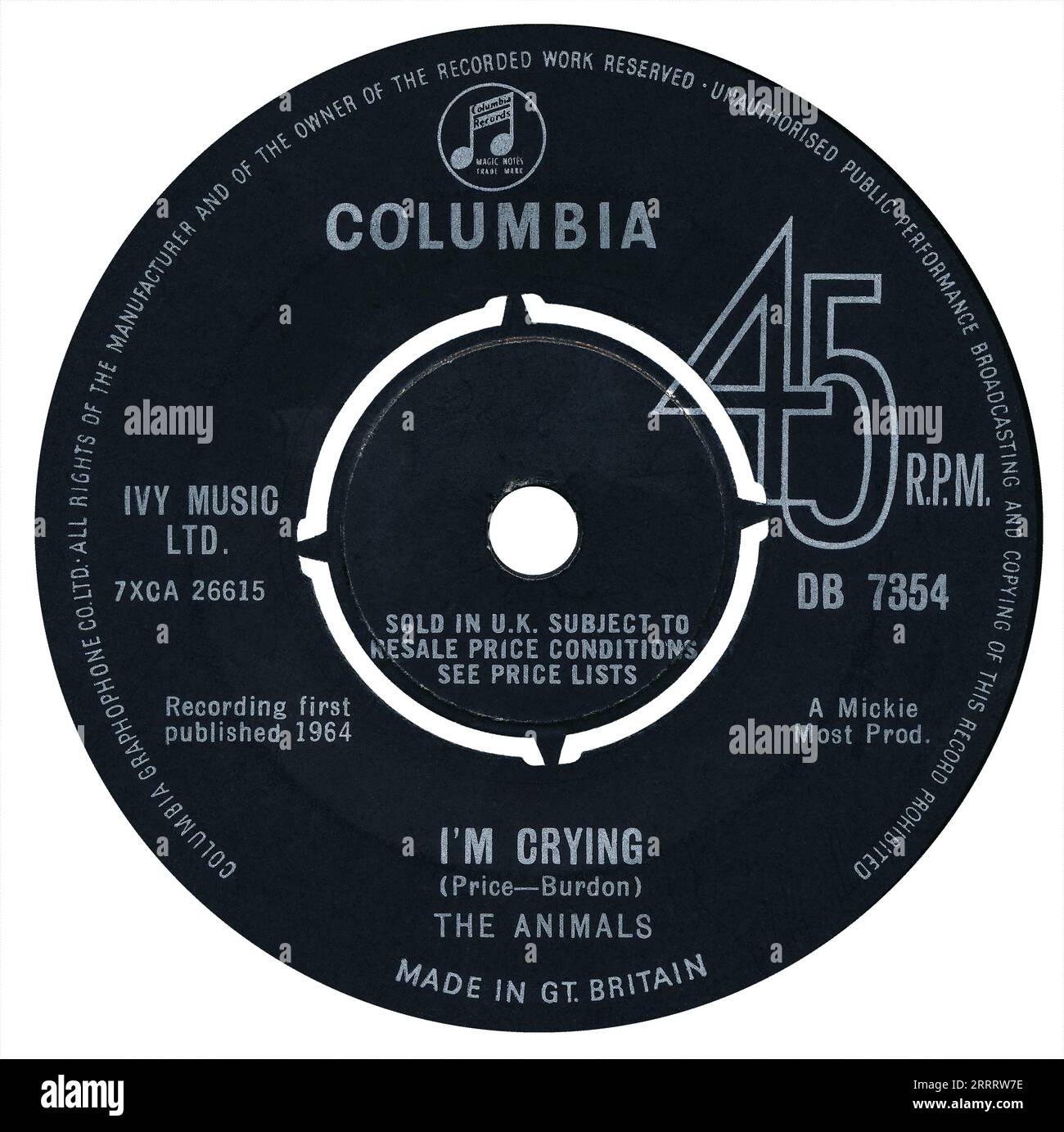 45 RPM 7' UK record label of I'm Crying by The Animals on the Columbia label from 1964. Written by Alan Price and Eric Burdon and produced by Mickie Most. Stock Photo