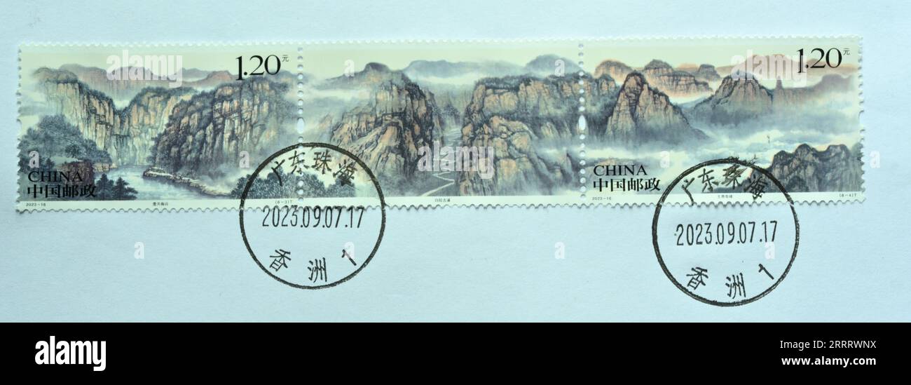 CHINA - CIRCA 2023: A stamps printed in China shows 2023-16 taihang mountains, The Taihang Mountains are a Chinese mountain range running down the eas Stock Photo