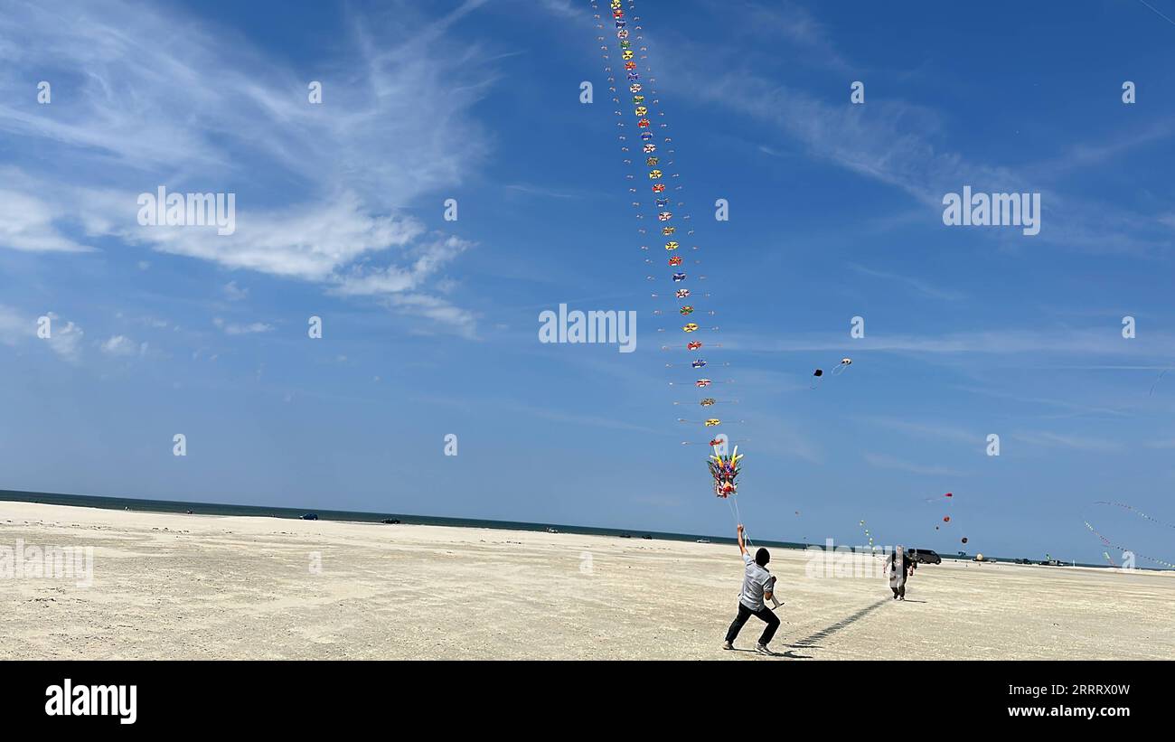 230615 -- FANOE DENMARK, June 15, 2023 -- A man flies a Chinese traditional dragon kite during an international kite festival in Fanoe, Denmark, on June 11, 2023. Fanoe, a small island off Denmark s west coast, has been aflutter with over 20,000 colorful kites bobbing against the sky, signaling that the China to Fanoe Culture Week, which runs until June 16, is at full swing.  TO GO WITH Feature: Chinese kites get warm welcome at Denmark s International Kite Festival DENMARK-FANOE-INTERNATIONAL KITE FESTIVAL LinxJing PUBLICATIONxNOTxINxCHN Stock Photo