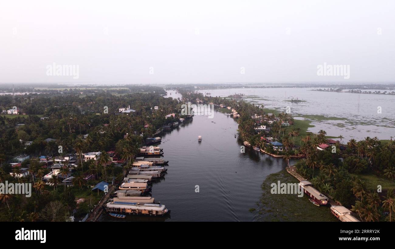 An aerial drone shot of the beautiful backwaters of Alleppey, Kerala ...