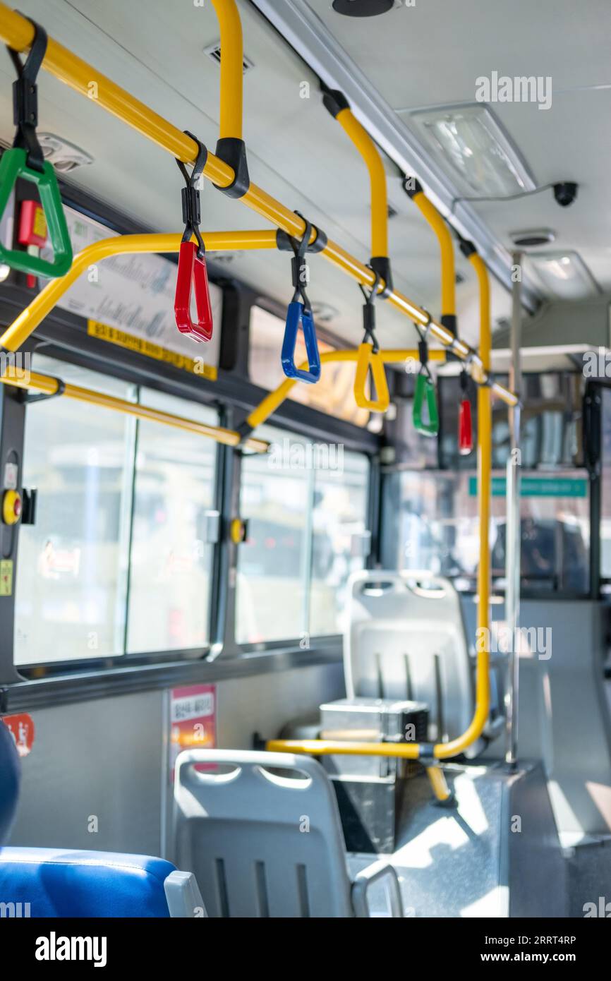 Interior view of the bus with hand grip, in Seoul, South Korea Stock ...