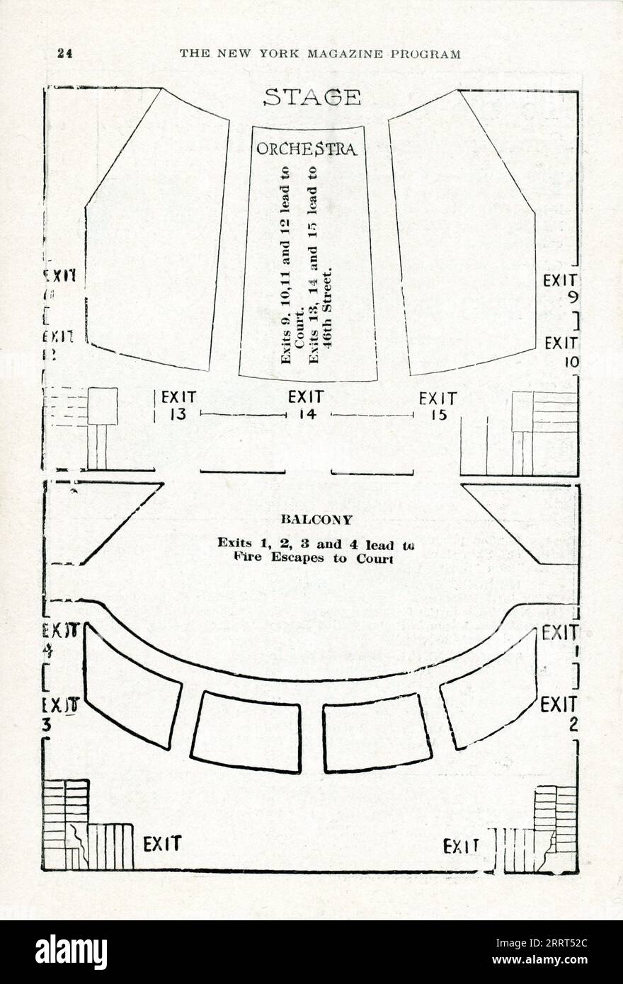 Theatre plan on inside page from Programme for week beginning Monday April 2nd 1928 for BELA LUGOSI EDWARD VAN SLOAN BERNARD JUKES DOROTHY PETERSON NEDDA HARRIGAN and HELEN MACK in the original US stage production of DRACULA The Vampire Play dramatized by Hamilton Deane and John Balderston from the novel by Bram Stoker produced by Horace Liveright at the Fulton Theatre , 46th Street just West of Broadway where it opened on October 5th 1927 and closed in May 1928 after 261 performances Stock Photo