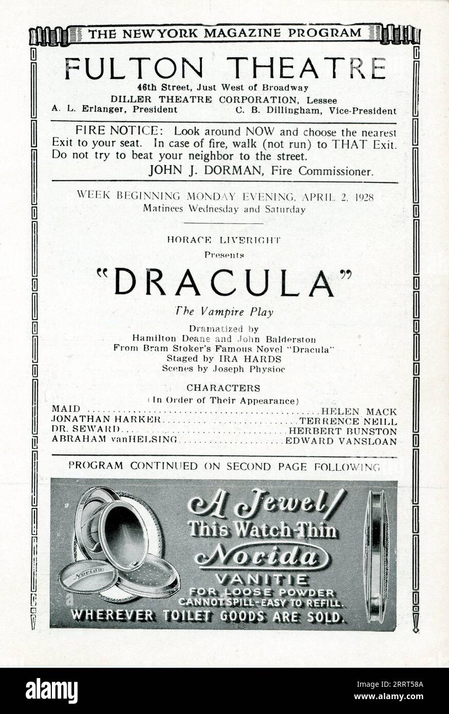 Inside title page of Programme for week beginning Monday April 2nd 1928 for BELA LUGOSI EDWARD VAN SLOAN BERNARD JUKES DOROTHY PETERSON NEDDA HARRIGAN and HELEN MACK in the original US stage production of DRACULA The Vampire Play dramatized by Hamilton Deane and John Balderston from the novel by Bram Stoker produced by Horace Liveright at the Fulton Theatre , 46th Street just West of Broadway where it opened on October 5th 1927 and closed in May 1928 after 261 performances Stock Photo