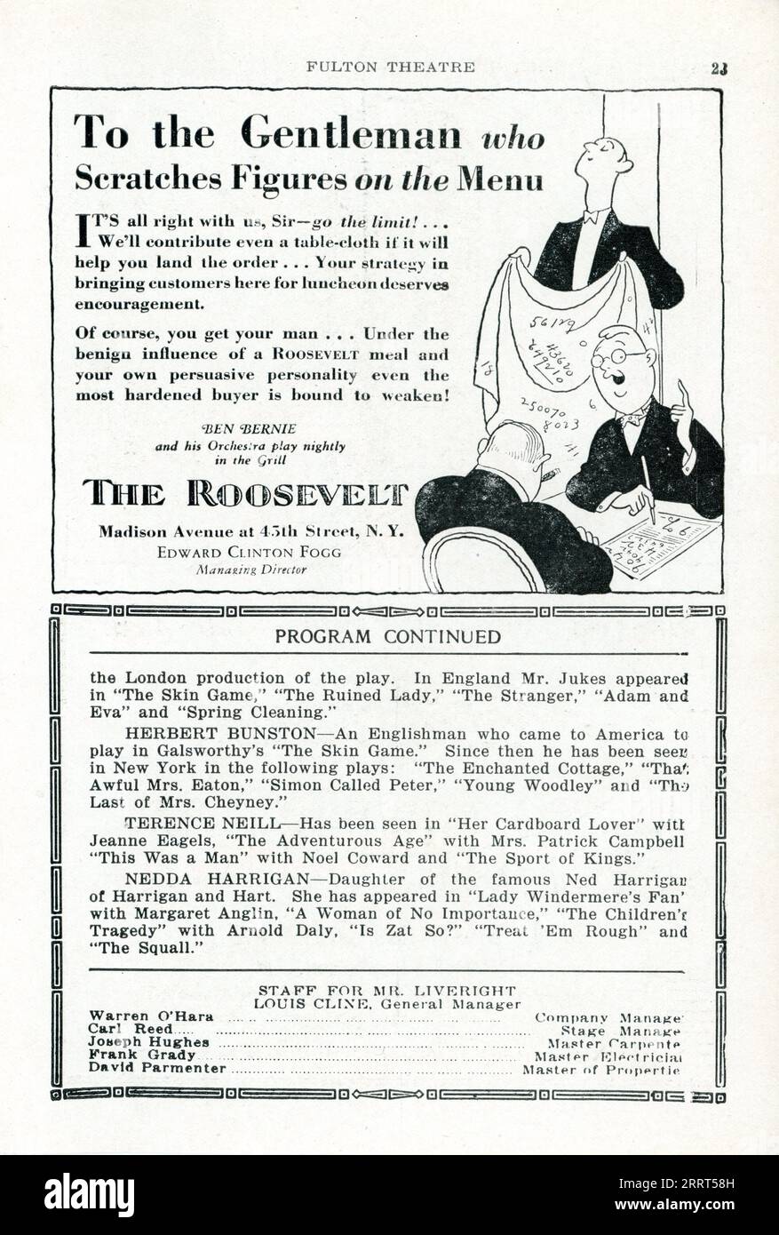 Inside page from Programme for week beginning Monday April 2nd 1928 for BELA LUGOSI EDWARD VAN SLOAN BERNARD JUKES DOROTHY PETERSON NEDDA HARRIGAN and HELEN MACK in the original US stage production of DRACULA The Vampire Play dramatized by Hamilton Deane and John Balderston from the novel by Bram Stoker produced by Horace Liveright at the Fulton Theatre , 46th Street just West of Broadway where it opened on October 5th 1927 and closed in May 1928 after 261 performances Stock Photo