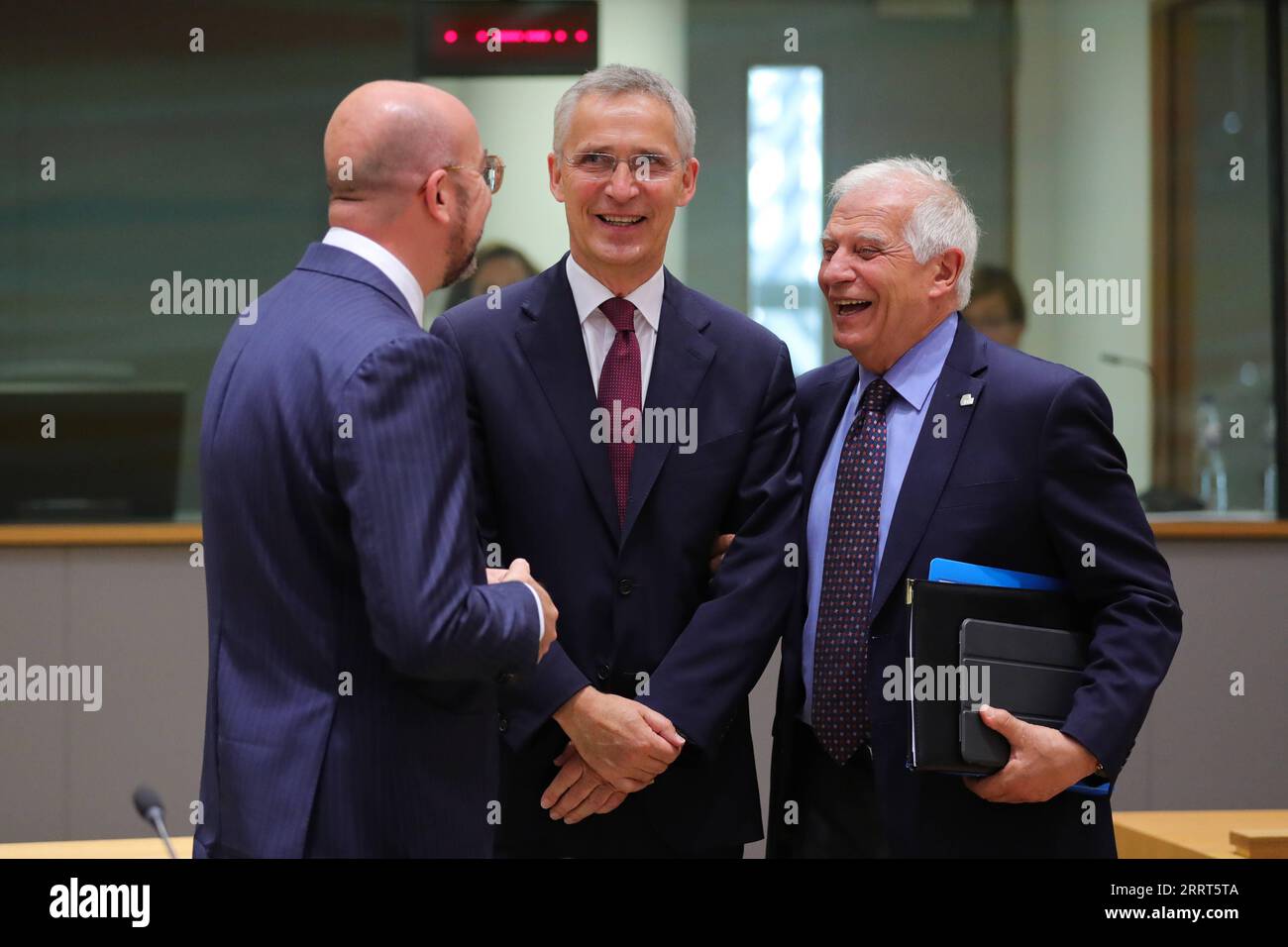 230630 -- BRUSSELS, June 30, 2023 -- President of the European Council Charles Michel L, NATO Secretary-General Jens Stoltenberg C and EU s High Representative for Foreign Affairs and Security Policy Josep Borrell talk with each other before the European Council meeting in Brussels, Belgium, June 29, 2023.  BELGIUM-BRUSSELS-EU-SUMMIT ZhengxHuansong PUBLICATIONxNOTxINxCHN Stock Photo