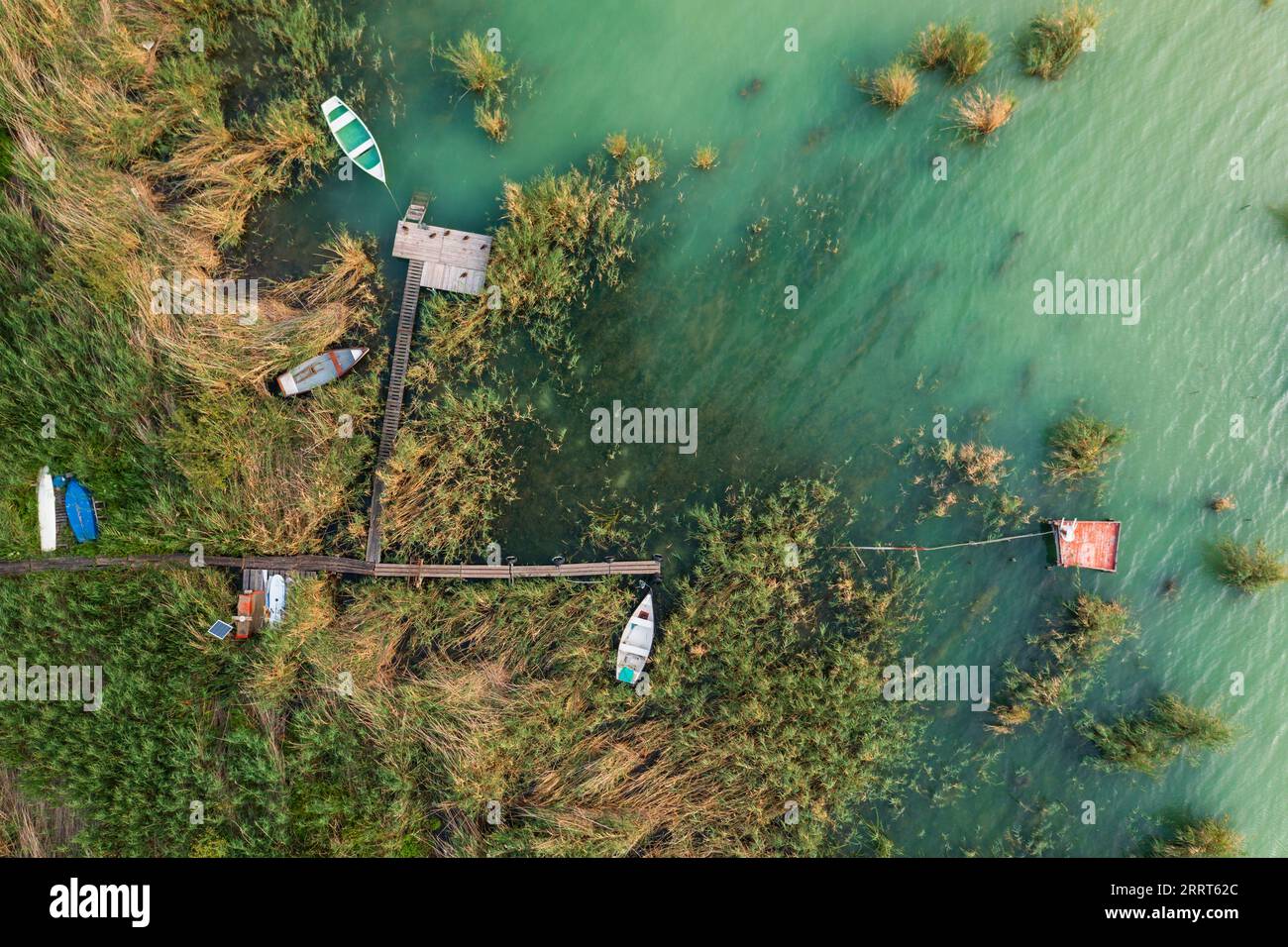 Aerial top down view about fishing boats at Sajkod bay, Balaton still ...
