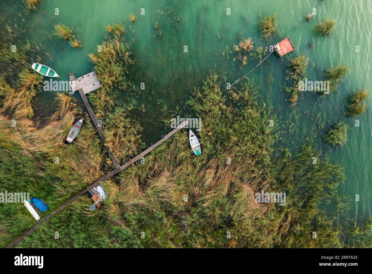Aerial top down view about fishing boats at Sajkod bay, Balaton still ...