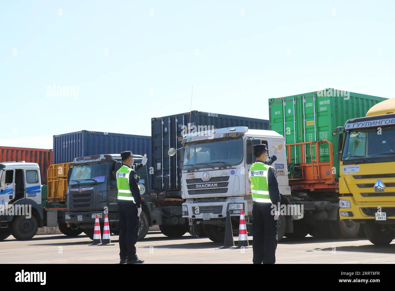 230706 -- HOHHOT, July 6, 2023 -- This photo taken on July 6, 2023 shows cargo trucks under check at Ganqmod Port in the city of Bayannur, north China s Inner Mongolia Autonomous Region. TO GO WITH China-Mongolia border port handles record high goods volume in H1  CHINA-INNER MONGOLIA-GANQMOD PORT-GOODS VOLUME CN LixYunping PUBLICATIONxNOTxINxCHN Stock Photo