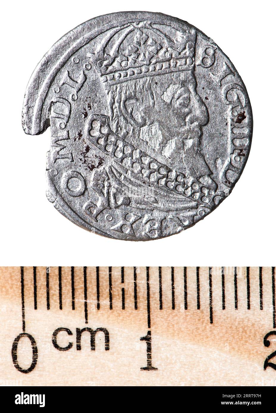 Antique silver Polish coin. King Sigismund III Vasa. Obverse. Isolated on white Stock Photo