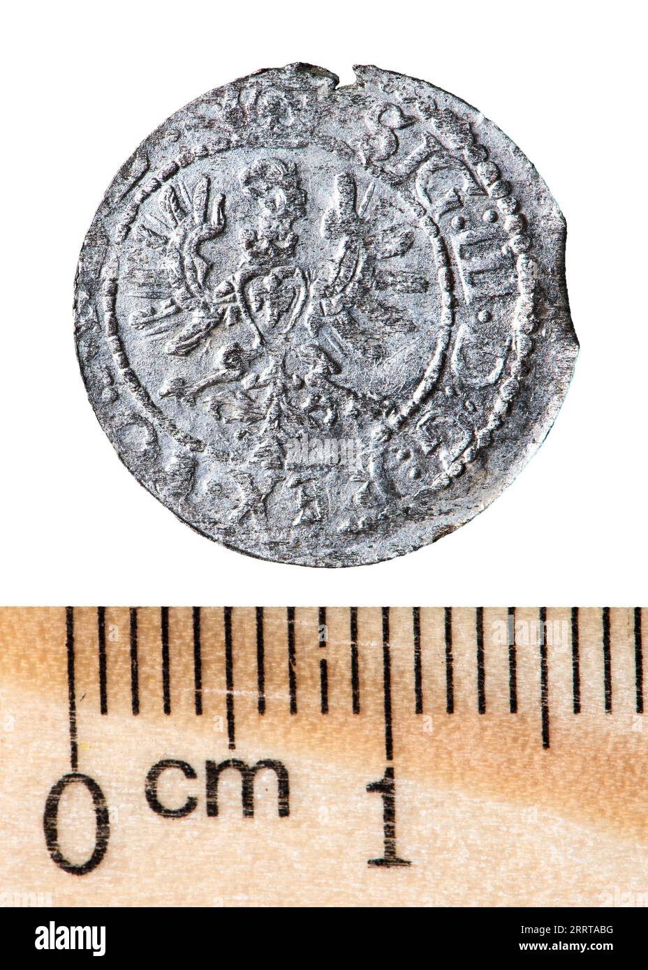 Antique silver Polish coin. King Sigismund III Vasa. Reverse. Isolated on white Stock Photo