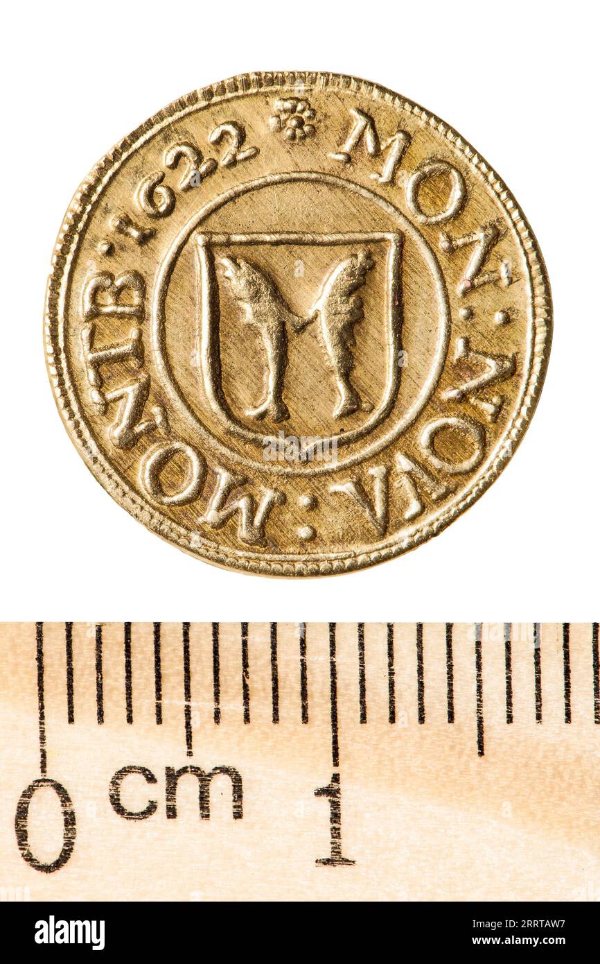 Antique golden Polish coin. King Sigismund III Vasa. Reverse. Isolated on white Stock Photo
