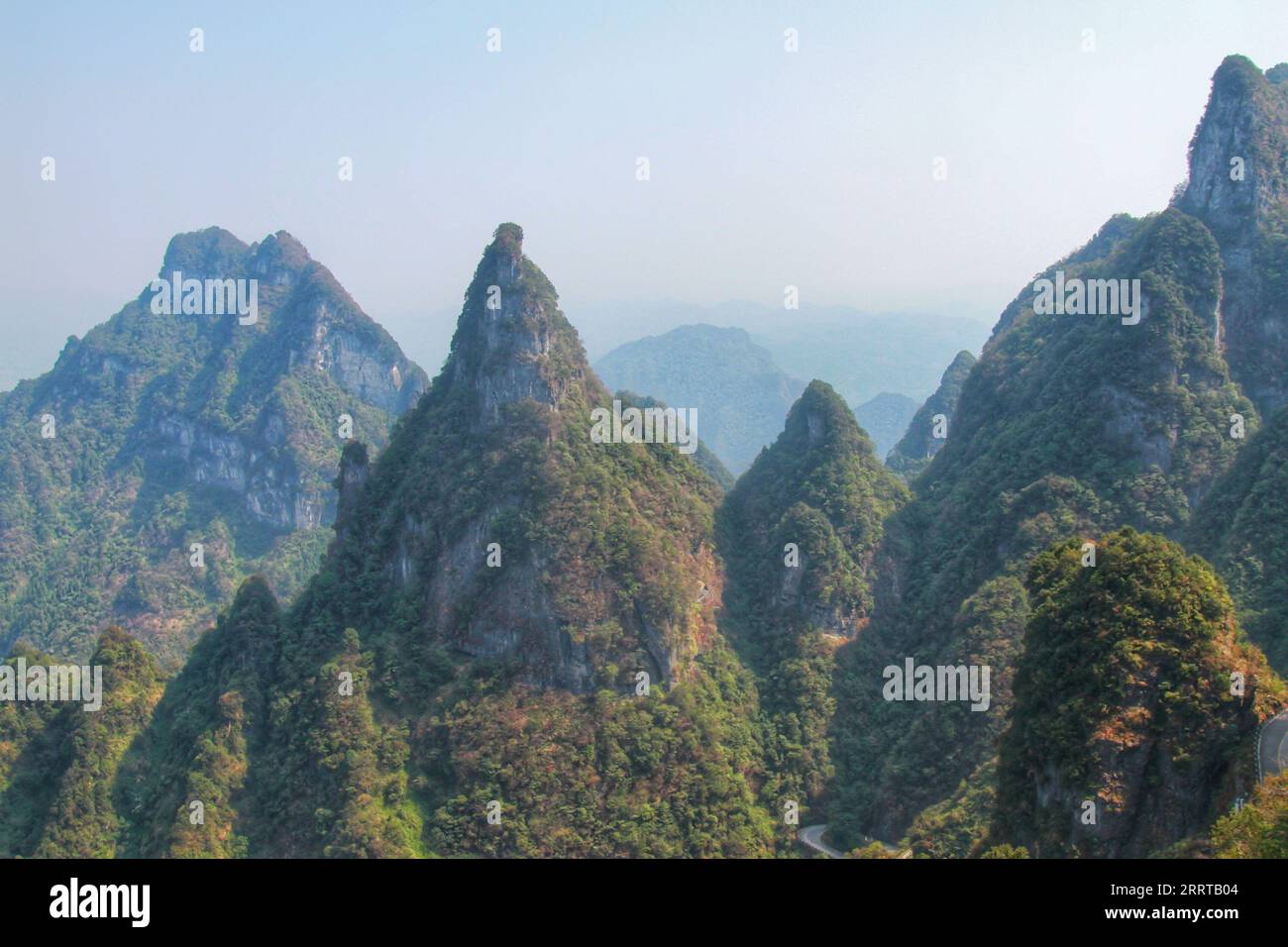 Capture the breathtaking essence of China's iconic sharp, towering mountains, reminiscent of the awe-inspiring landscapes from the Avatar movie. Stock Photo