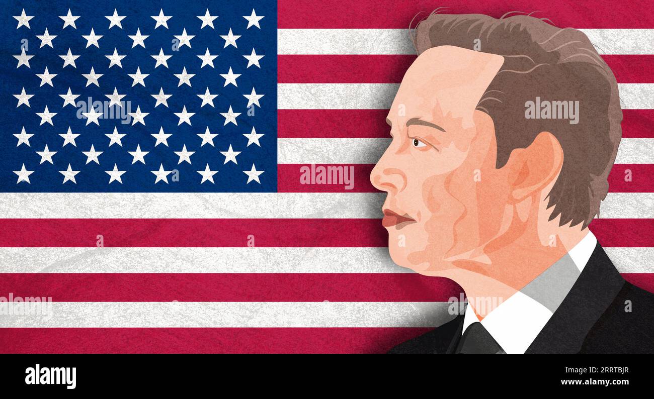 Portrait of Elon Musk on the background of a USA flag. Grunge texture ...