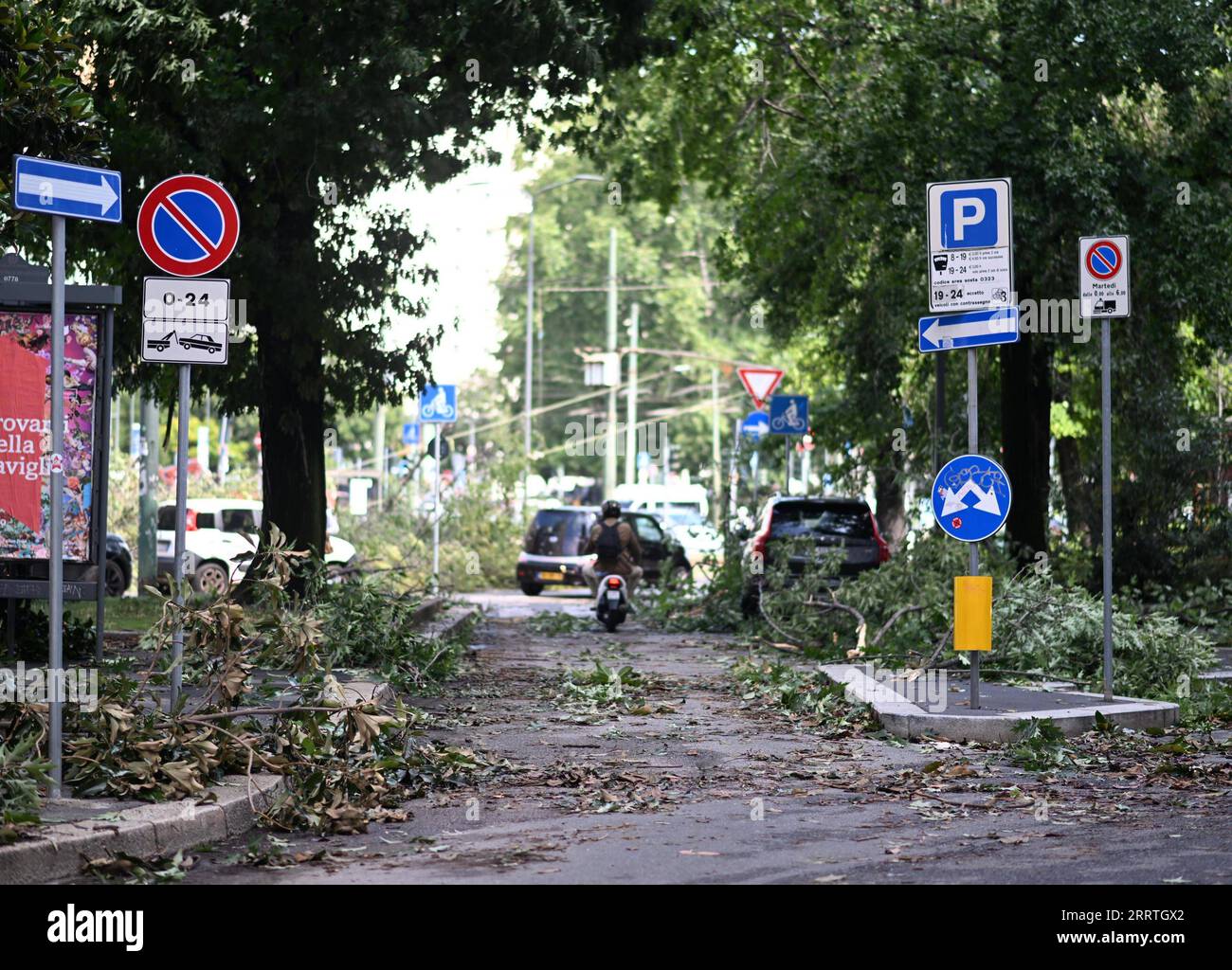 230725 -- MILAN ITALY, July 25, 2023 -- Fallen branches are seen after thunderstorms in Milan, Italy, on July 25, 2023. While the southern two-thirds of Italy struggled under the oppressive heat, most of the northern area was pelted by thunderstorms and over-sized hail. Media reports said the emergency services in Milan had responded to more than 200 requests for help related to flooding, fallen trees, and damage to cars and homes, since a severe storm hit the city late Monday. Str/Xinhua ITALY-MILAN-THUNDERSTORM-HAIL-AFTERMATH Stringer PUBLICATIONxNOTxINxCHN Stock Photo