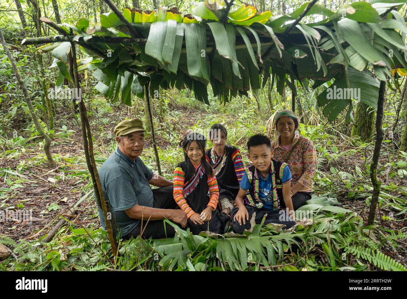 230726 -- JINPING, July 26, 2023 -- Zhang Puzhong 1st L, his wife Wang Suying 1st R and their grandchildren pose for a photo under a banana leaf shed in the forest near Xiaxinzhai Village, Zhemi Township, Jinping County, Honghe Hani and Yi Autonomous Prefecture, southwest China s Yunnan Province, July 23, 2023. After days of thinking, Zhang Puzhong decided to do something instructive to his grandchildren: bring them back to the forest he used to live as a child more than 60 years ago. This is very important. I know how happy I am today because I never forget how bitter my life was in the past, Stock Photo