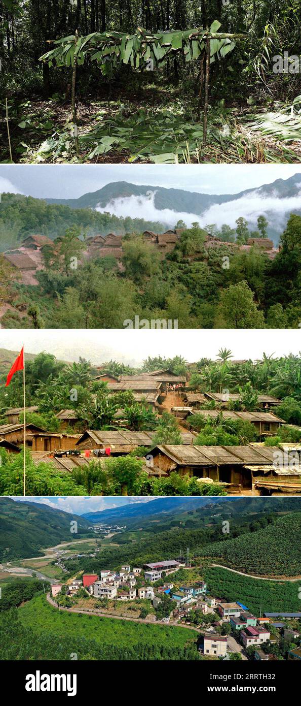 230726 -- JINPING, July 26, 2023 -- This combo photo shows the changes in housing conditions of Kucong people: the banana leaf shed built by Zhang Puzhong based on his memory of Kucong people s primitive life in the forest taken on July 23, 2023 top, Xinhua/ the thatched huts at a Kucong village, Jinping County taken in 1984 2nd from top, Xinhua/Min Fuquan brand-new adobe houses covered in asbestos tiles in Xianami Village, Zhemi Township, Jinping County, taken in November 2001 3rd from top, Xinhua/Lin Yiguang and a view of Xingfaling Village, Zhemi Township, Jinping County taken on July 23, 2 Stock Photo