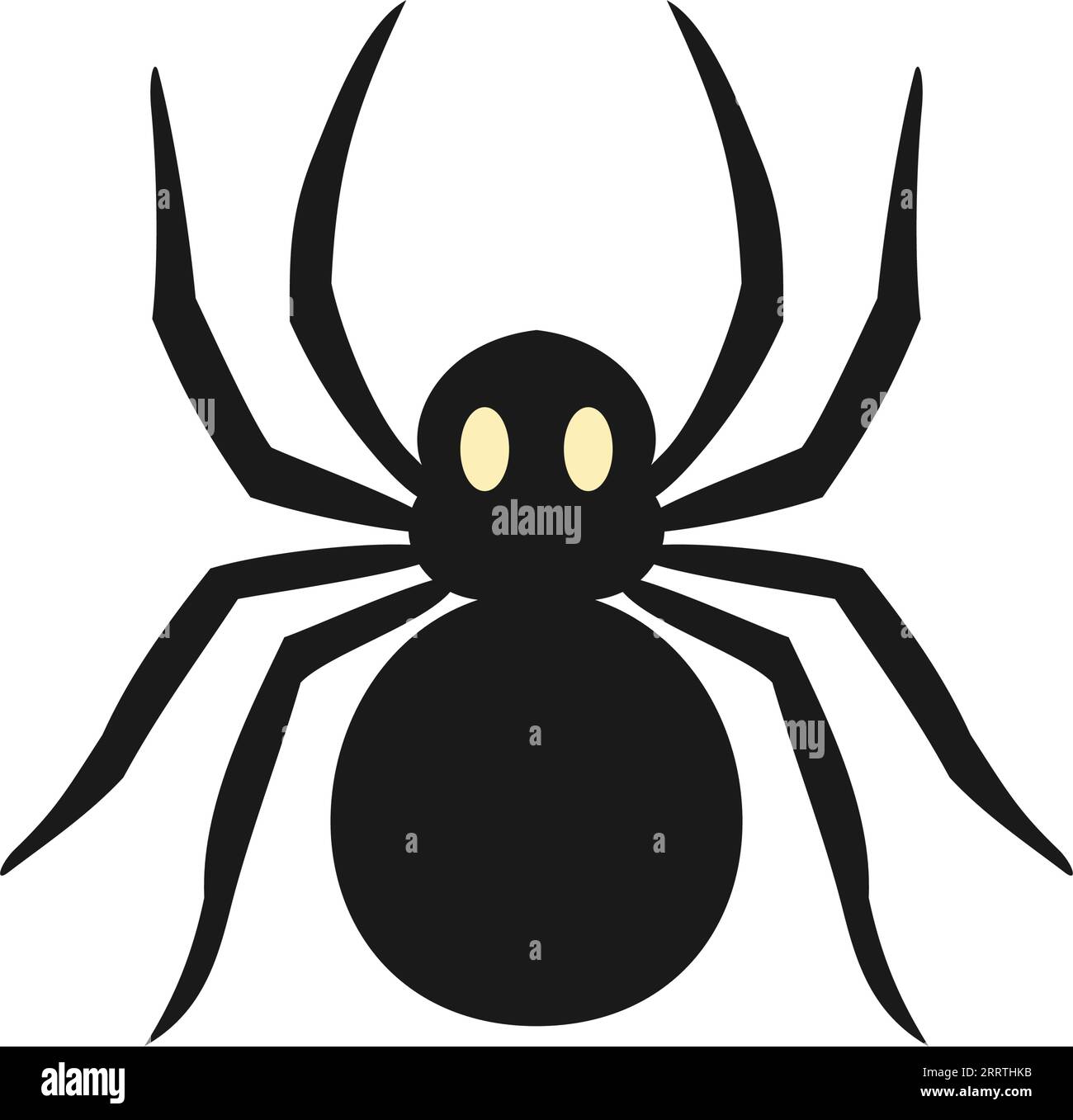 A black spider with yellow eyes on a white background. Spider silhouette. Insect flat design. Vector isolated illustration. Stock Vector