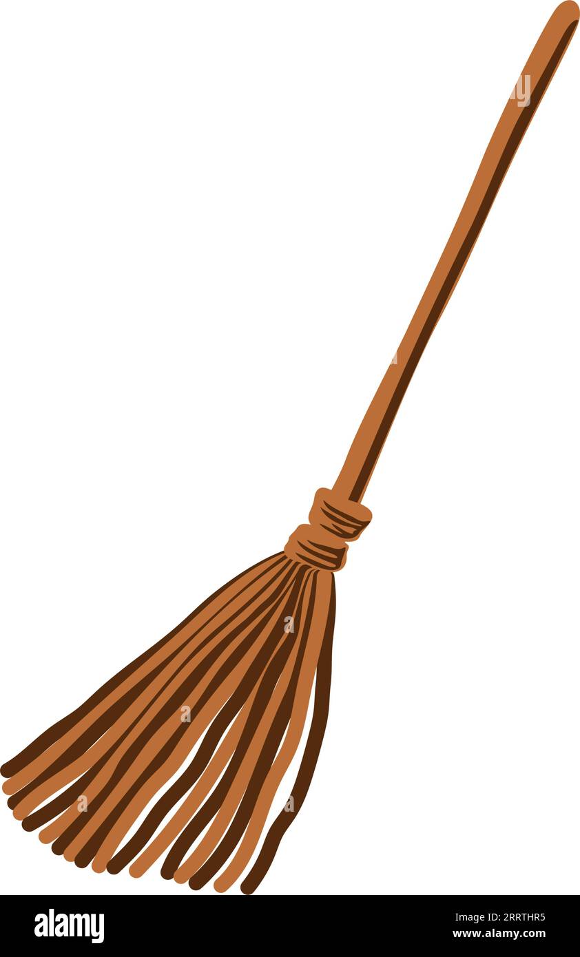 A brown broom with a wooden handle. Witch magic symbol of Halloween. Tool for dusting and sweeping around the house. Vector illustration. Stock Vector