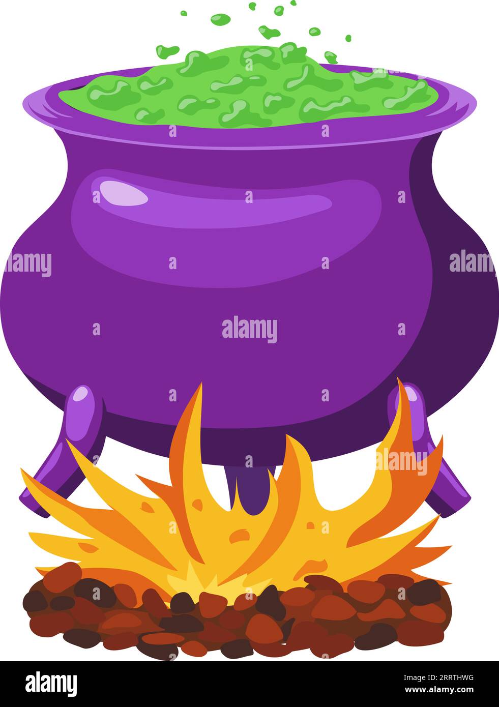 Halloween witch pot with green liquid and fire. Decor for Halloween celebration. Isolated purple cauldron graphic template. Vector illustration. Stock Vector