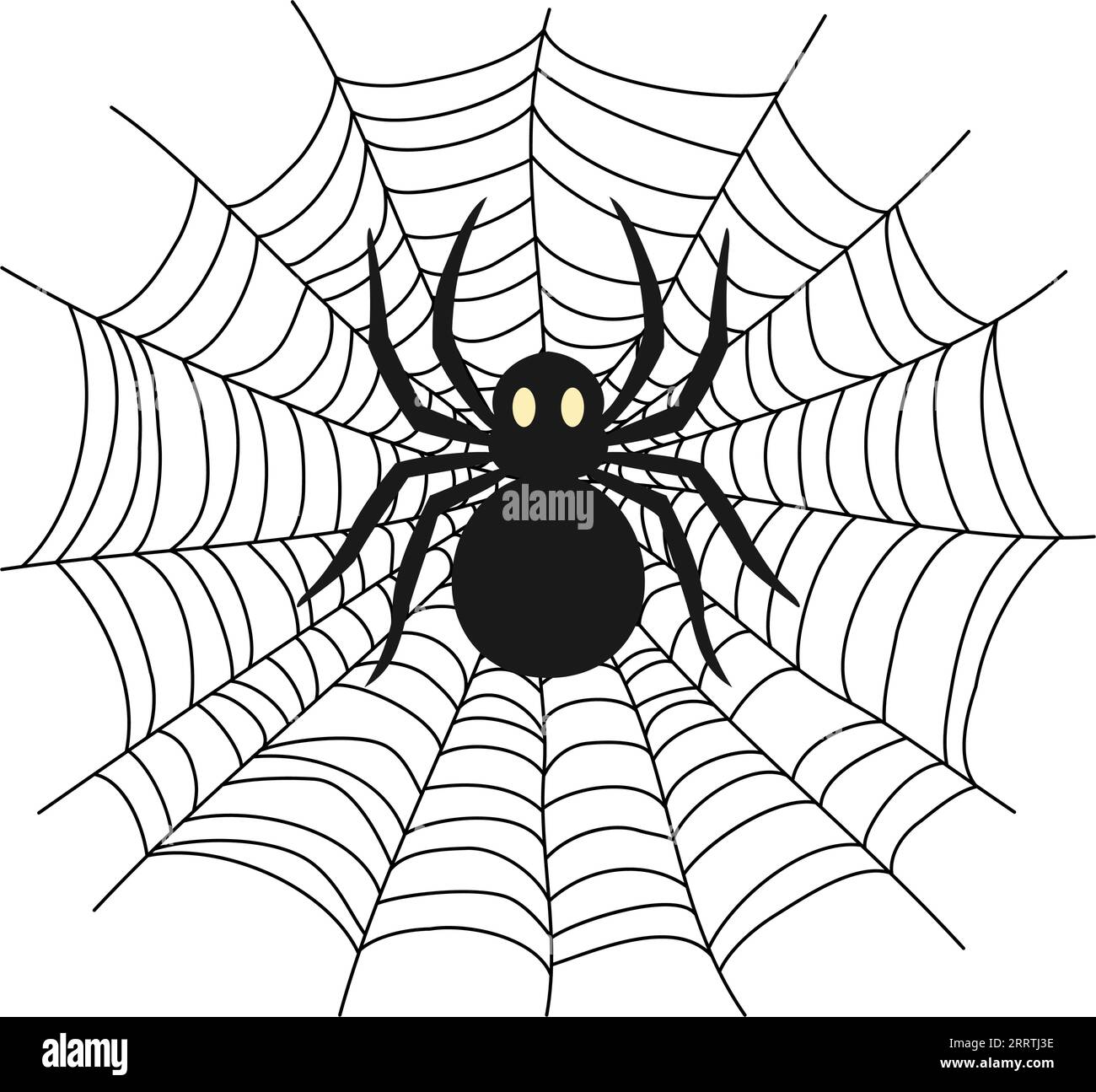 A black spider on a web. Texture of insect traps. Decor for Halloween celebration. Isolated graphic template. Vector illustration. Stock Vector