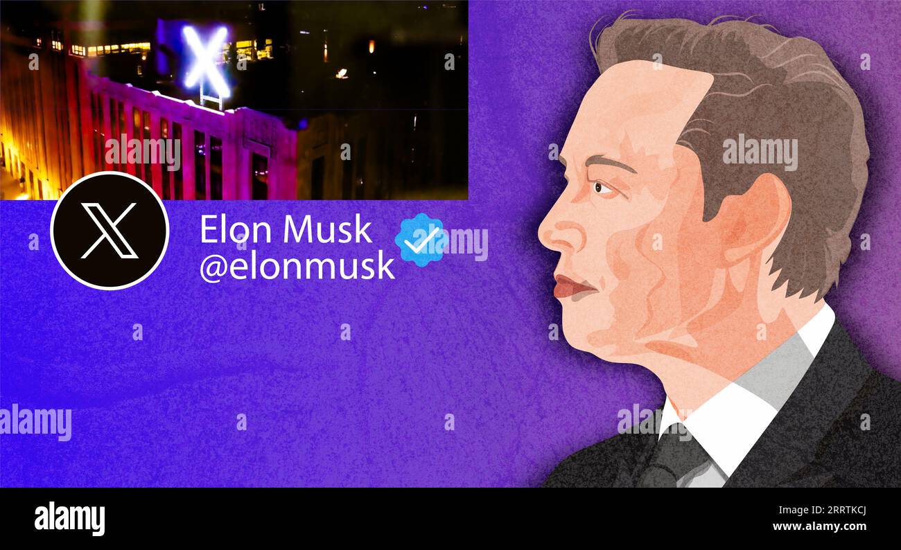 This editorial illustration shows Elon Musk's official Twitter profile