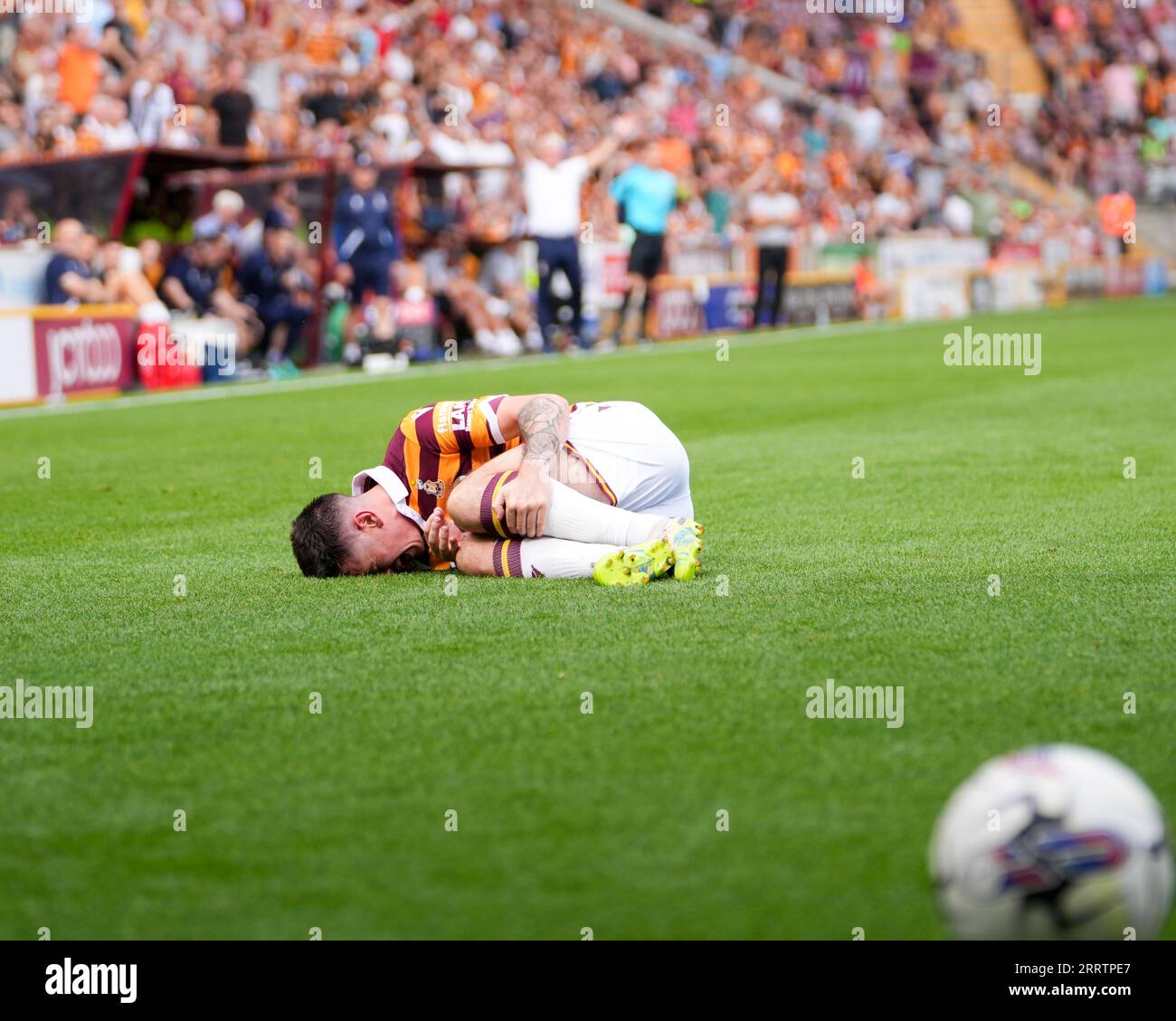 Bradford, UK. 9th September 2023. Football League Friendly: Bradford City AFC  v Grimsby Town. Jamie Walker of Bradford City  fouled by Danny Amos of Grimsby Town who receives a yellow card. Credit Paul Whitehurst/Alamy Live News Stock Photo