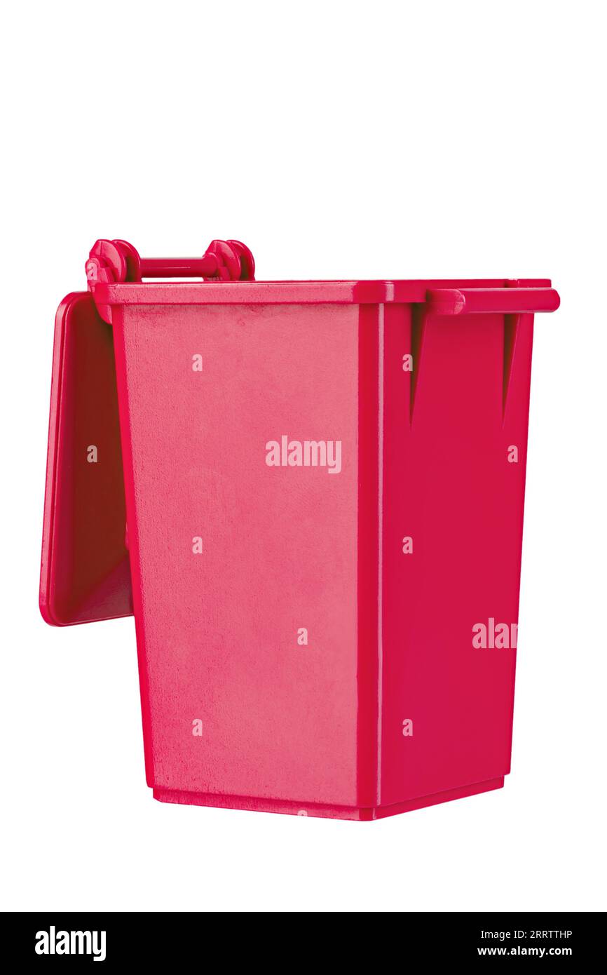 A new unbox red large plastic bin  isolated on white background. Garbage container with a lid. Concept of cleaning, waste separation, and public hygie Stock Photo